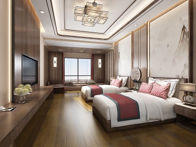 3d新中式酒店标间客房模型