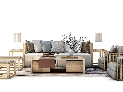 3d中式实木沙发茶几组合模型