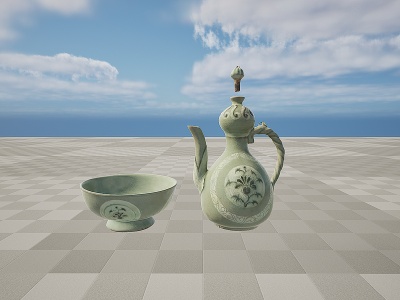 3d文物瓷器青釉茶壶酒壶酒杯模型
