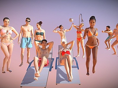 3d现代泳装沙滩人物多人模型