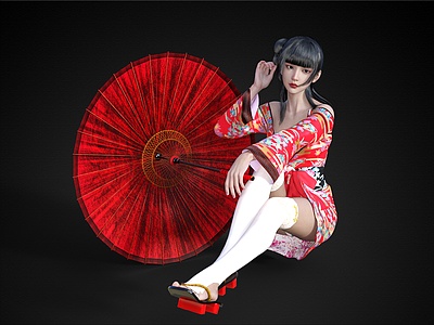 3d日式坐姿美女和服美女撑伞模型