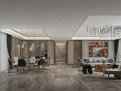 3d中式装修中式客厅餐厅模型