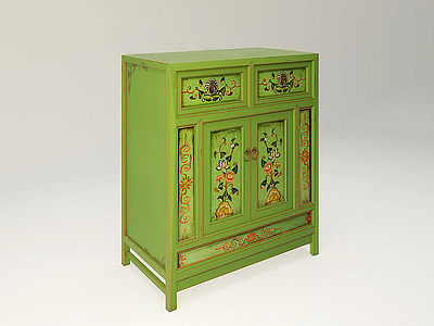 中式绿色矮雕花陈列柜子模型