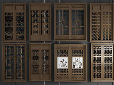 3d中式实木花格雕花窗户模型