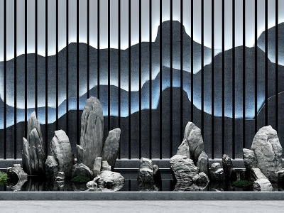 中式石头景观背景墙模型3d模型