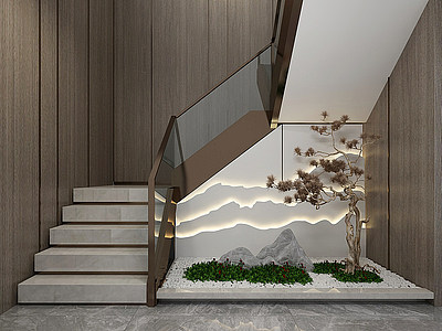 3d新中式楼梯间园艺景观模型