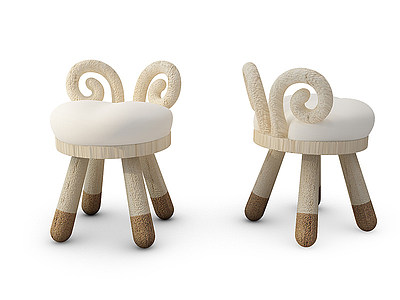 3d现代实木儿童凳子组合模型