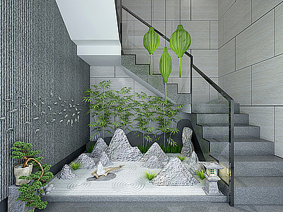 3d新中式楼梯间山水松树景观模型