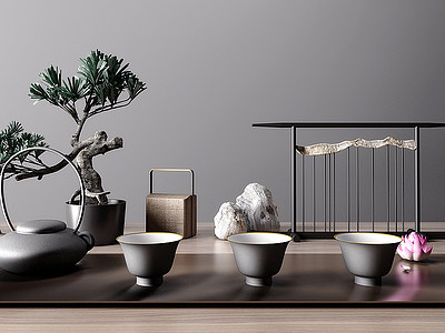 3d新中式茶具摆件组合模型