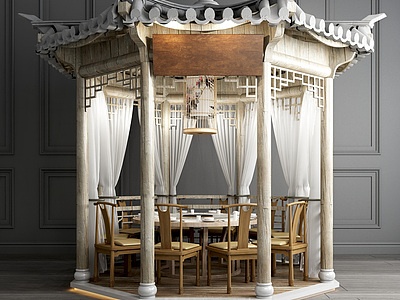 新中式古建凉亭亭子餐桌椅模型