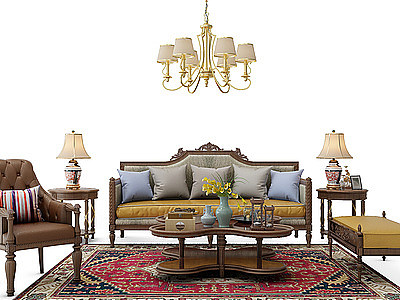 欧式美式客厅沙发茶几组合模型