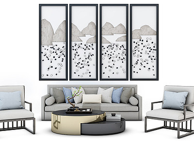 3d现代沙发茶几组合挂画模型