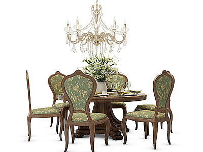 3d欧式古典餐桌椅组合圆桌模型