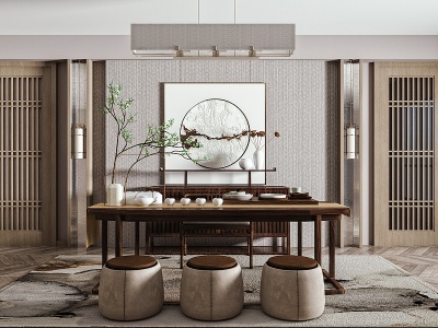 新中式茶桌椅组合模型