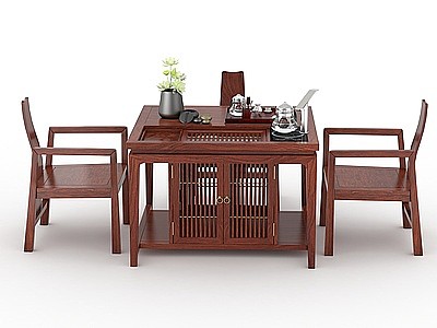 3d新中式茶台椅子组合模型