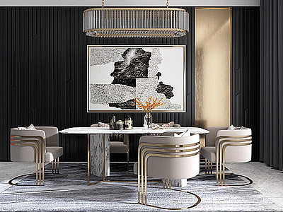 现代餐厅餐桌餐椅挂画组合模型