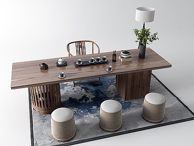 新中式茶桌椅模型