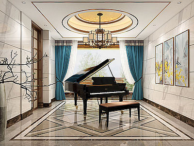 新中式钢琴房模型3d模型