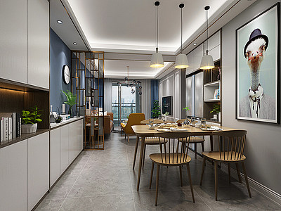 3d现代北欧风格客厅餐厅厨房模型