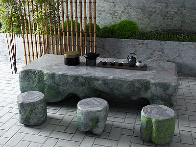 3d新中式茶桌椅竹子石桌模型