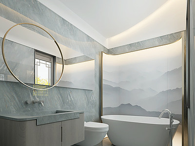 3d新中式卫生间浴缸浴室柜模型