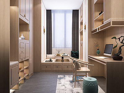 新中式卧室书房茶室模型