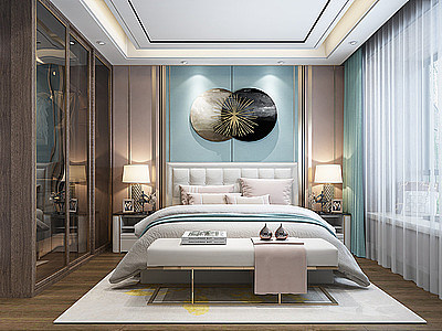 轻奢卧室床窗帘模型3d模型