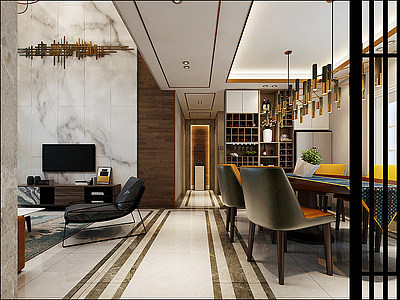 3d现代轻奢loft客厅餐厅模型