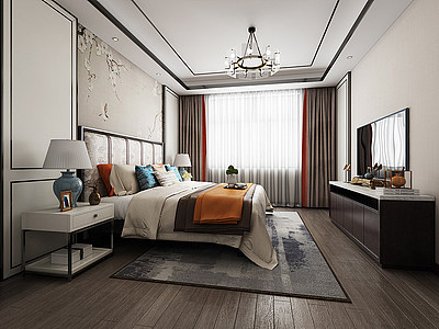 3d新中式卧室床电视柜模型