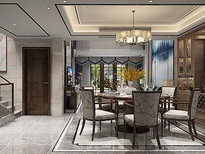 3d新中式别墅客厅餐厅模型