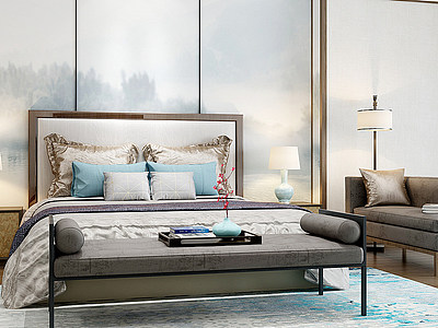 3d新中式卧室床具模型