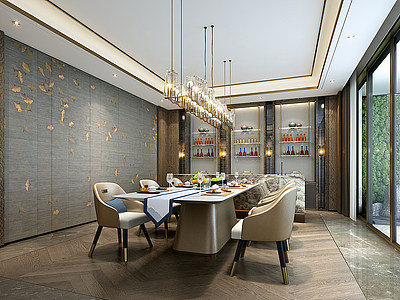 3d新中式别墅豪宅餐厅模型