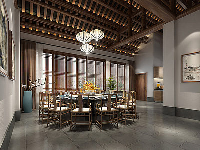 新中式民宿餐厅模型