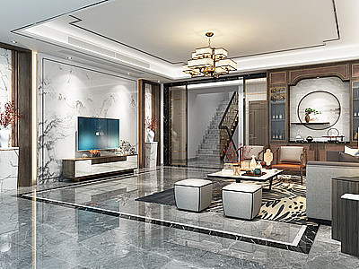 3d新中式别墅客厅模型