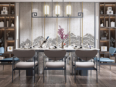 新中式餐厅餐桌椅子模型