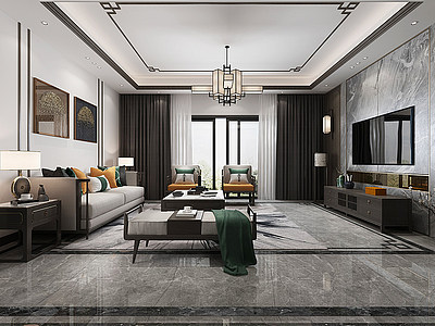 新中式客厅沙发挂画模型
