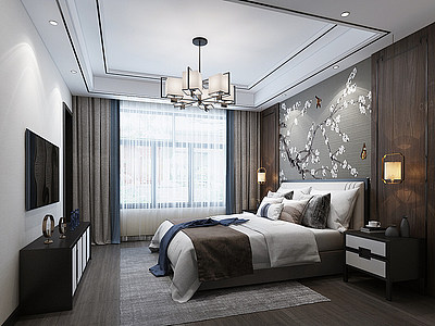 3d新中式卧室吊灯壁画模型