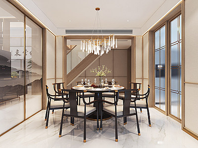 3d新中式客餐厅沙发茶几模型
