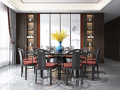 3d新中式餐厅桌椅模型