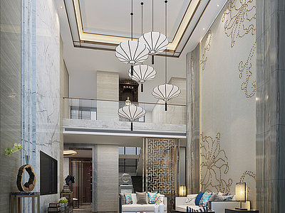 3d新中式别墅复式客厅模型