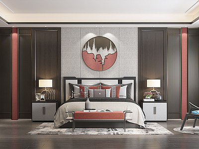 新中式主人房卧室模型3d模型