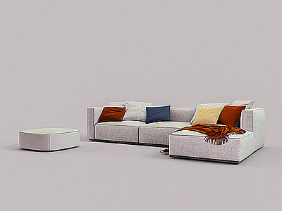 3d白色帆布多人L型沙发模型