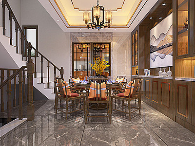 新中式客厅餐厅餐桌椅组合模型3d模型