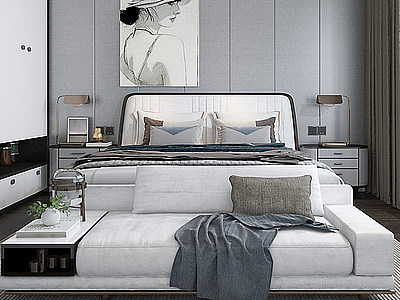 3d卧室双人床床头柜模型