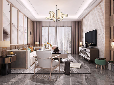 3d新中式客厅新中式沙发模型