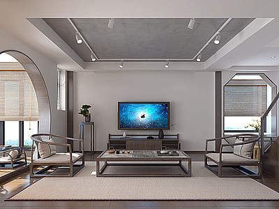 3d新中式客厅电视柜茶桌模型