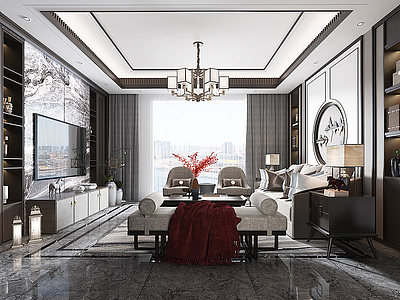 新中式客厅沙发组合茶几模型3d模型