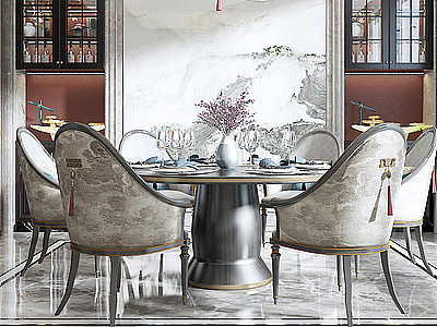 3d新中式餐厅餐椅圆桌吊灯模型
