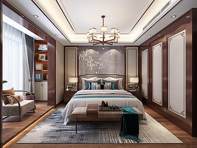 新中式卧室吊灯双人床模型3d模型