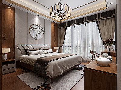 新中式卧室吊灯挂画模型3d模型